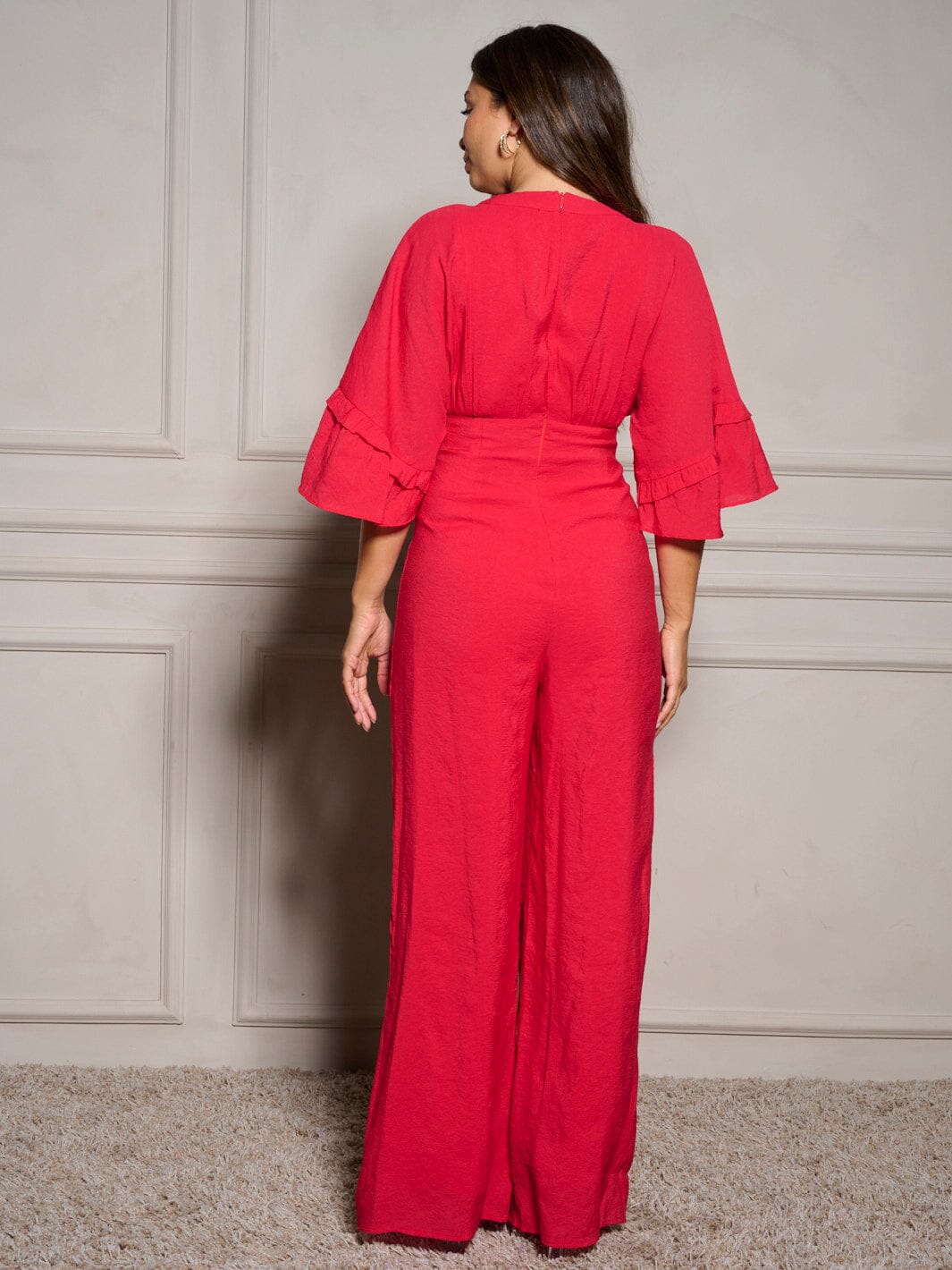 WOMEN'S SHORT SLEEVE V-NECK RUFFLE WIDE LEG JUMPSUIT