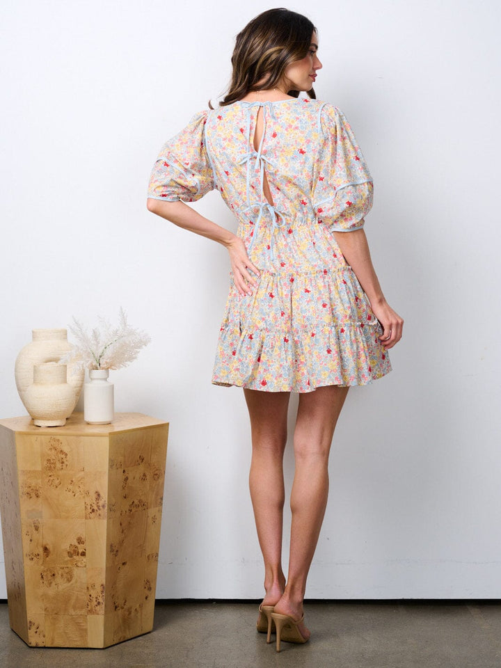 WOMEN'S SHORT PUFF SLEEVE SURPLICE FLORAL TIERED MINI DRESS