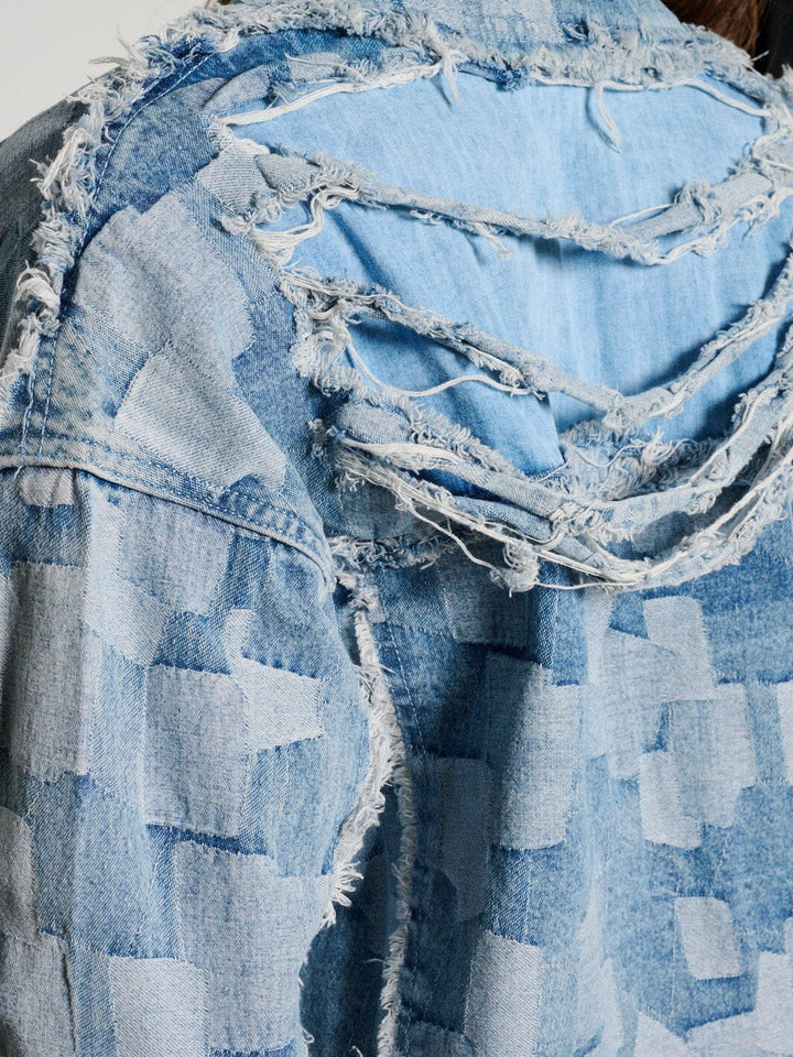 WOMEN'S LONG SLEEVE BUTTON CLOSURE POCKETS COLORBLOCK DENIM JACKET