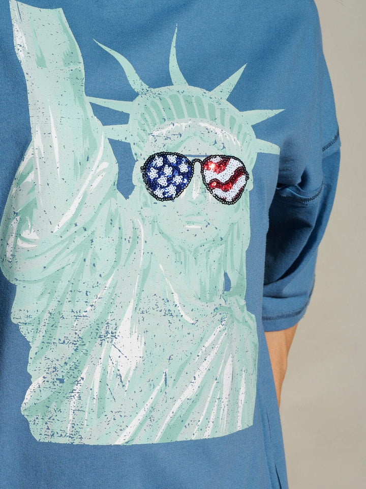 WOMEN'S SHORT SLEEVE SEQUINS LADY LIBERTY PATRIOTIC TUNIC BLOUSE TOP