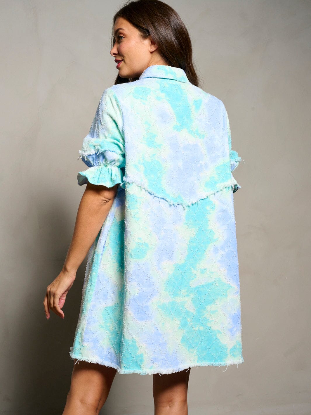 WOMEN'S SHORT SLEEVE BUTTON UP DETAILED POCKETS TIE DYE TUNIC MINI DRESS