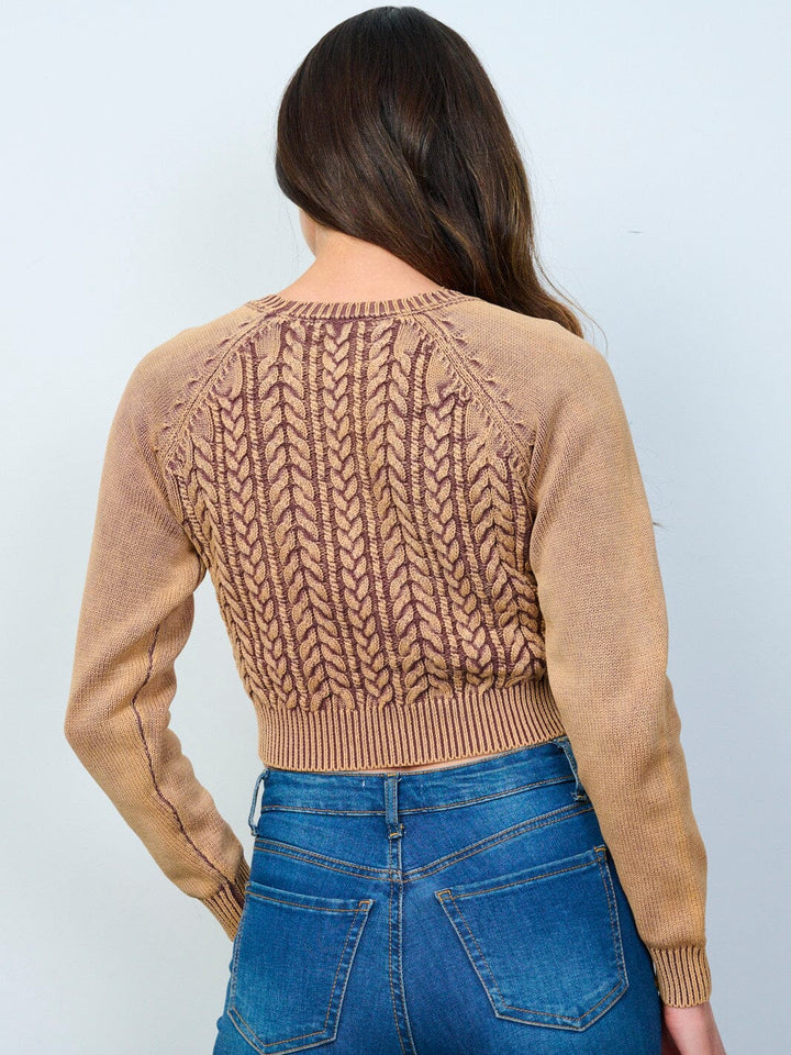 WOMEN'S LONG SLEEVES BUTTON UP CABLE KNIT CROP TOP