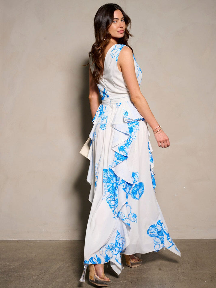 WOMEN'S SLEEVELESS V-NECK RUFFLE PRINTED MAXI DRESS