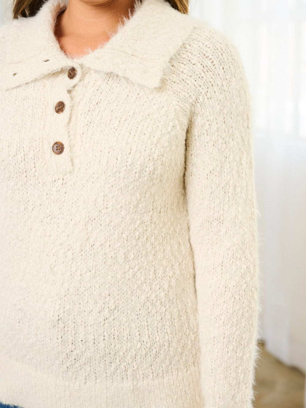 WOMEN'S LONG SLEEVE BUTTON CLOSURE FUZZY PULLOVER SWEATER