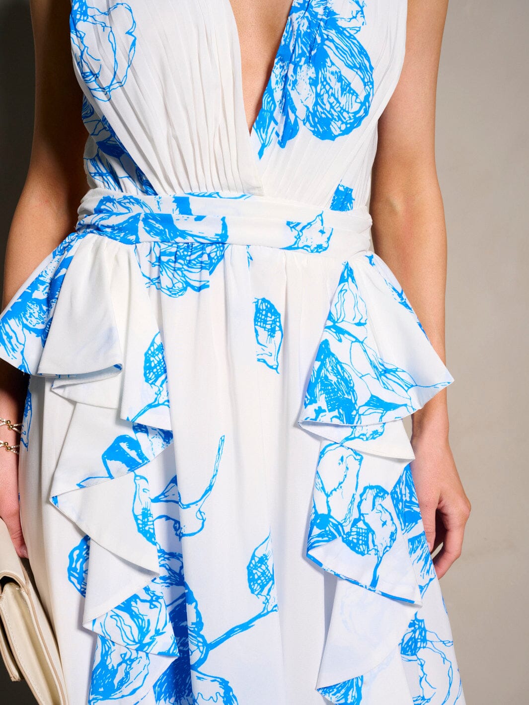 WOMEN'S SLEEVELESS V-NECK RUFFLE PRINTED MAXI DRESS