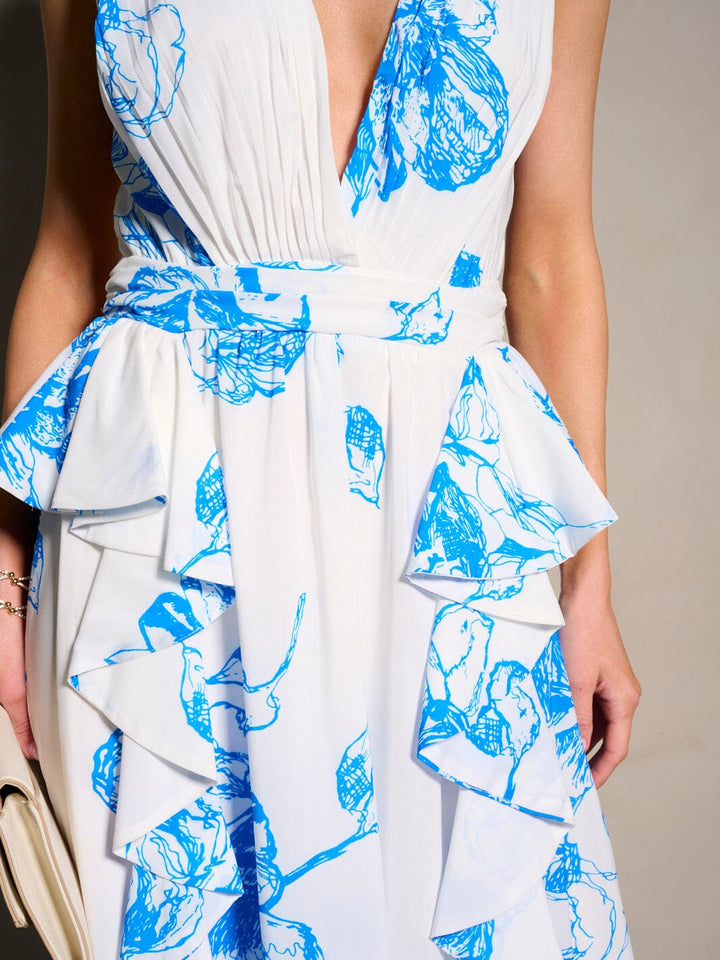 WOMEN'S SLEEVELESS V-NECK RUFFLE PRINTED MAXI DRESS