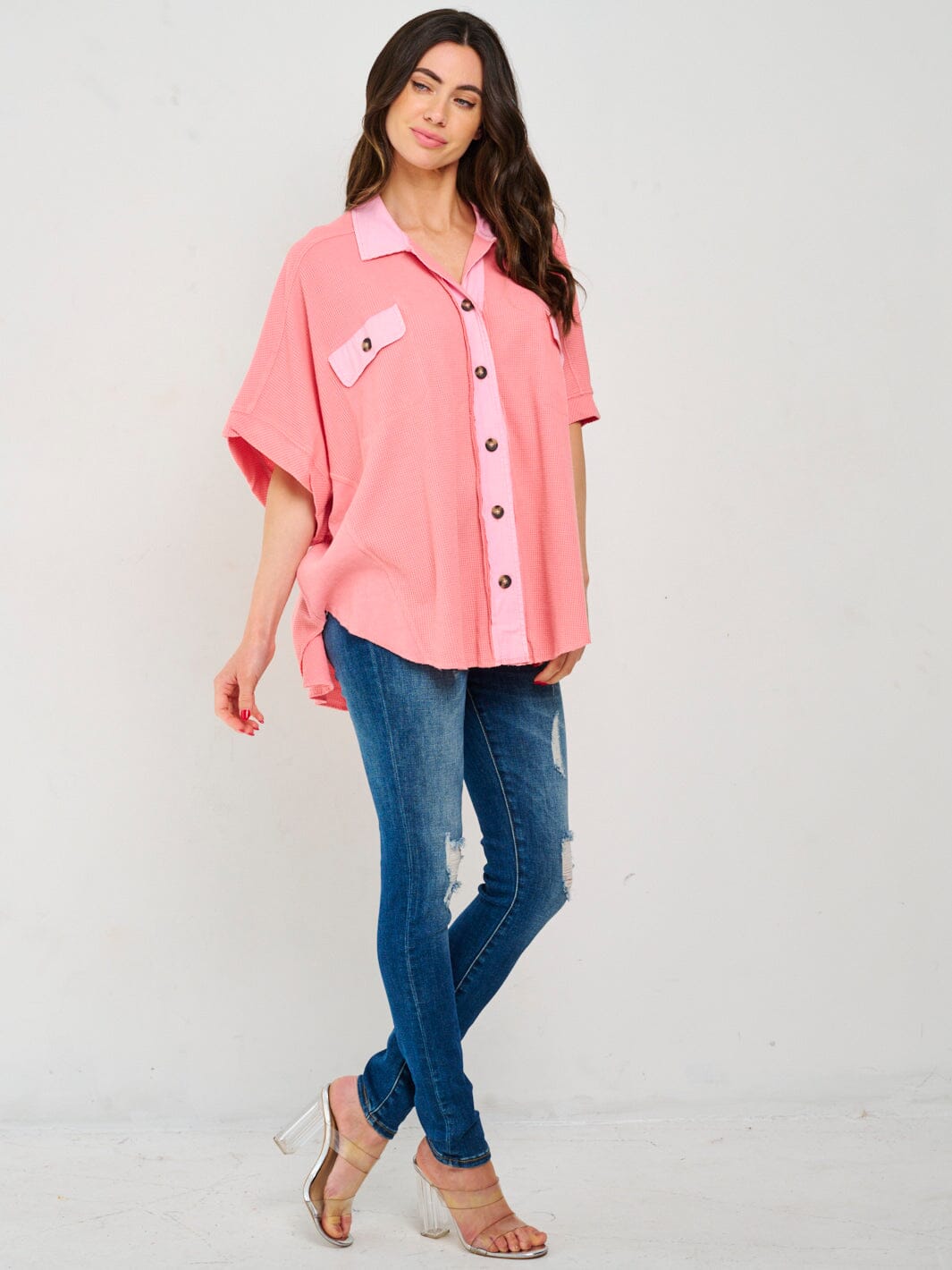WOMEN'S SHORT SLEEVE BUTTON UP FRONT POCKETS TUNIC TOP