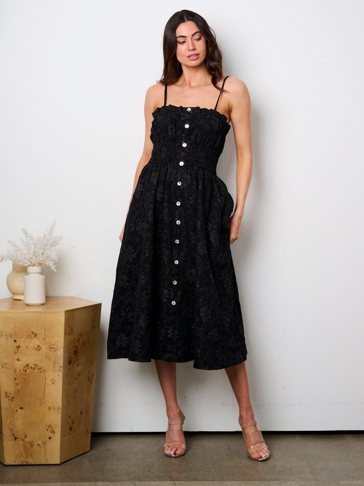 WOMEN'S SLEEVELESS SMOCK WAIST FLORAL DETAILED MIDI DRESS