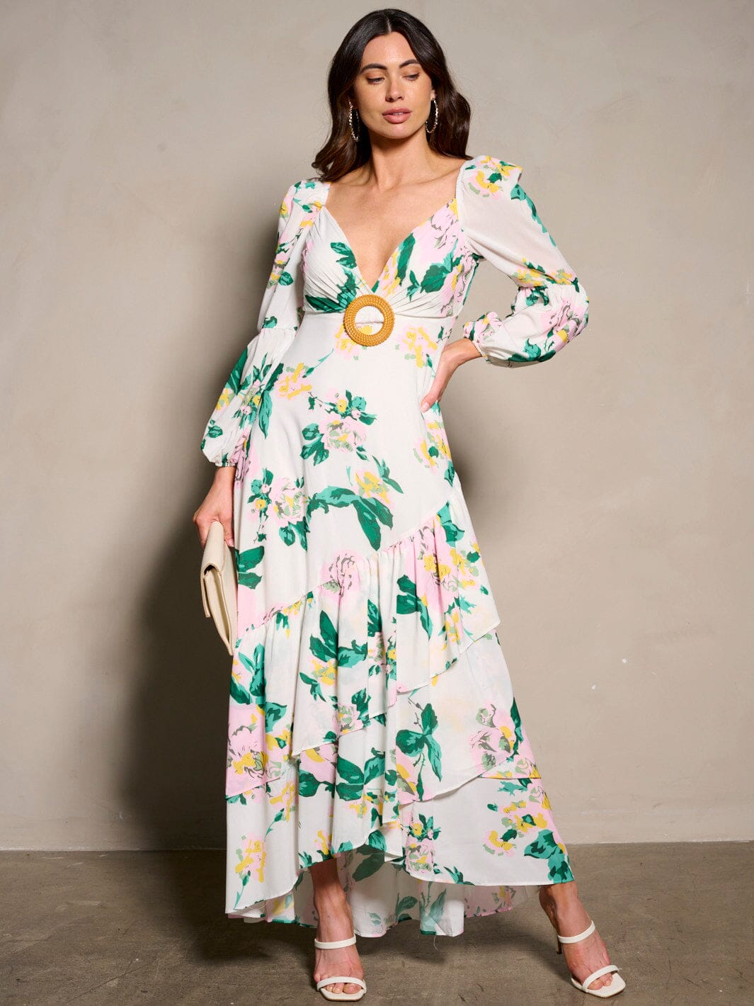 WOMEN'S LONG SLEEVE V-NECK BACK DETAILED RUFFLE FLORAL MAXI DRESS