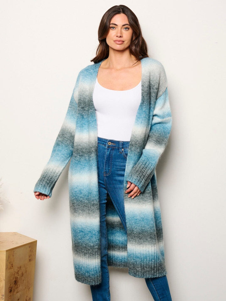 WOMEN'S LONG SLEEVE OPEN FRONT MULTI STRIPES CARDIGAN