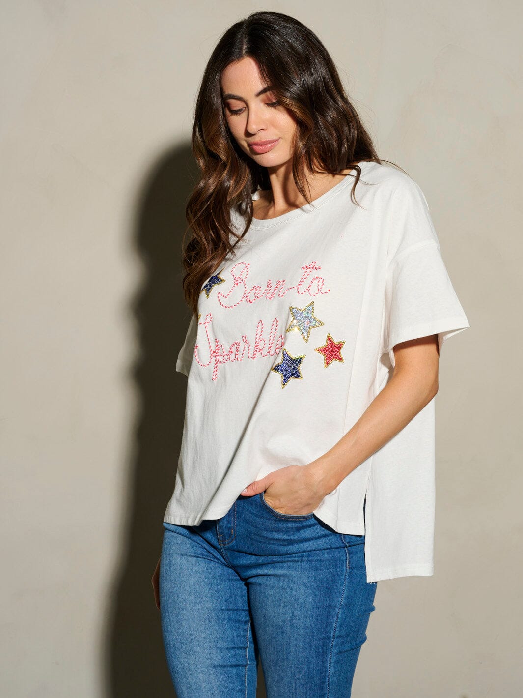WOMEN'S SHORT SLEEVE STARS BORN TO SPARKLE PATRIOTIC TUNIC BLOUSE TOP