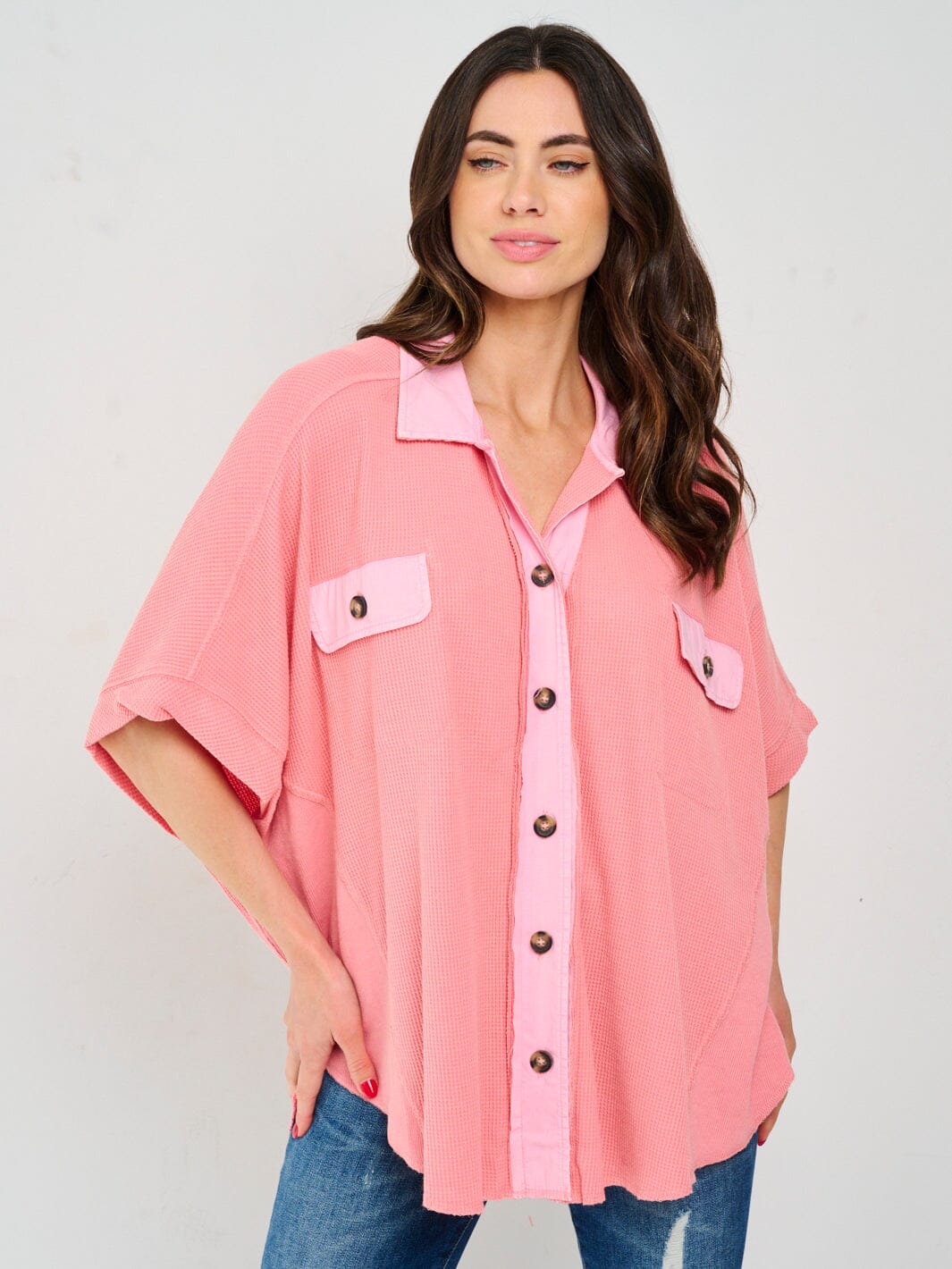 WOMEN'S SHORT SLEEVE BUTTON UP FRONT POCKETS TUNIC TOP