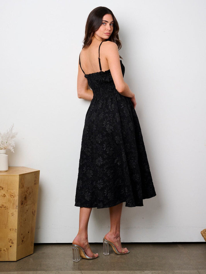 WOMEN'S SLEEVELESS SMOCK WAIST FLORAL DETAILED MIDI DRESS