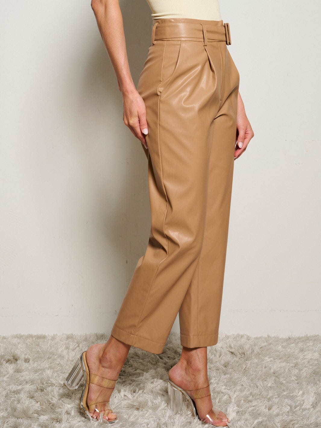 WOMEN'S BUTTON CLOSURE POCKETS FRONT BELT PU PLEATHER WIDE LEG PANTS