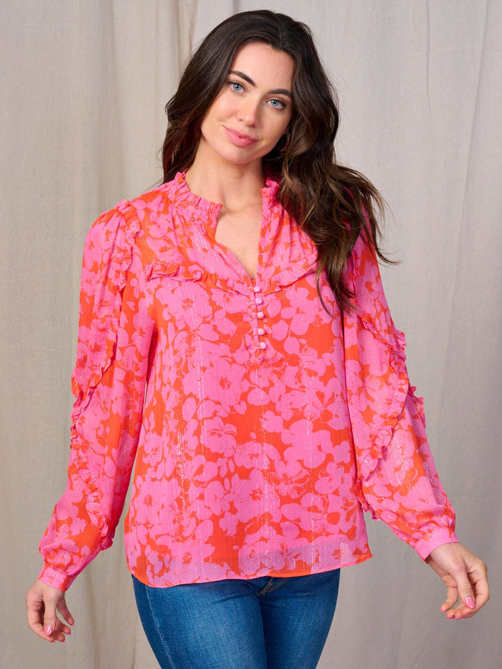 WOMEN'S LONG SLEEVE RUFFLE V-NECK BUTTON UP FLORAL BLOUSE