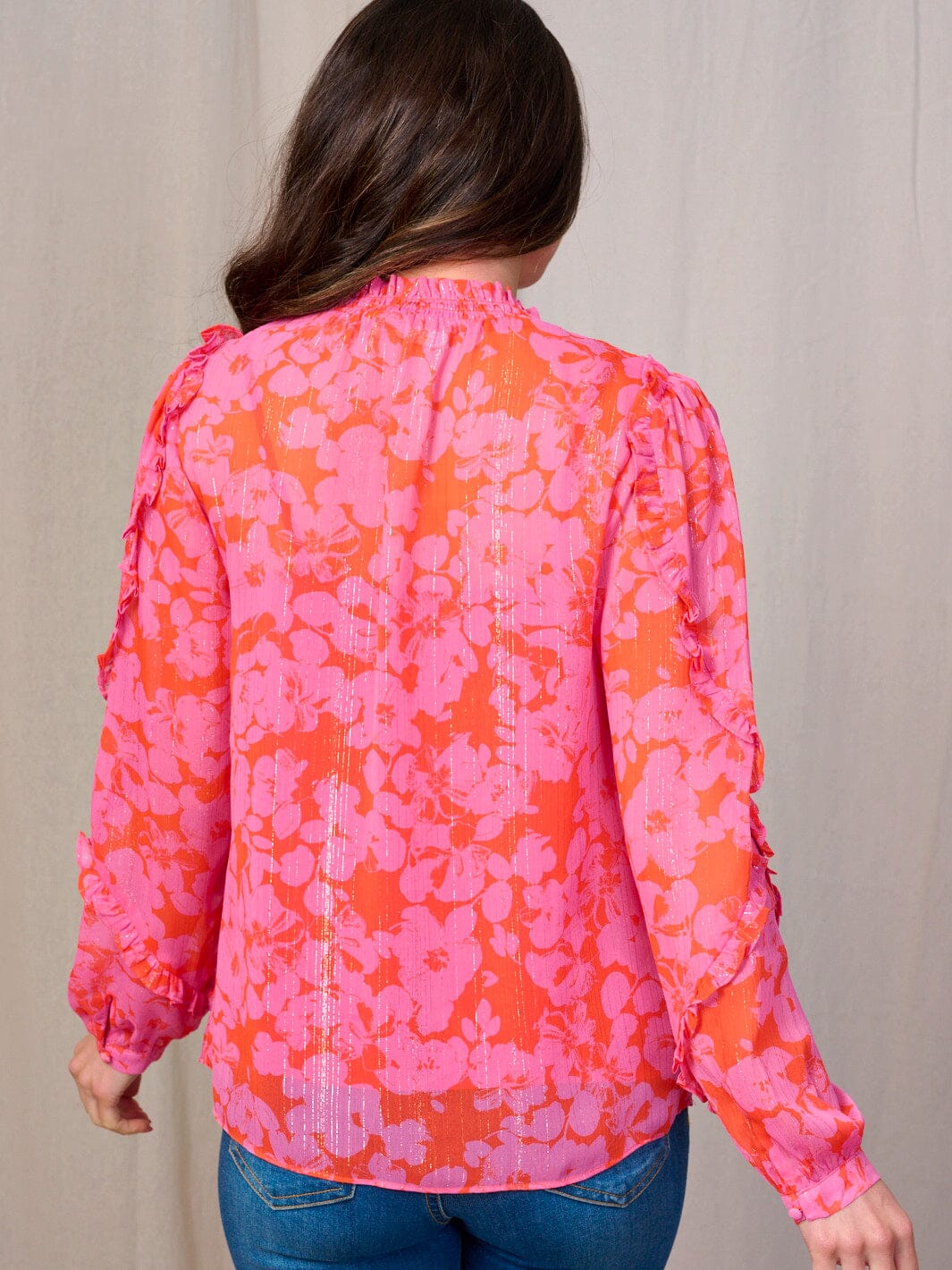 WOMEN'S LONG SLEEVE RUFFLE V-NECK BUTTON UP FLORAL BLOUSE