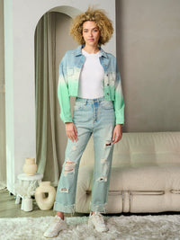 WOMEN'S LONG SLEEVE BUTTON CLOSURE COLORBLOCK DENIM CROP JACKET