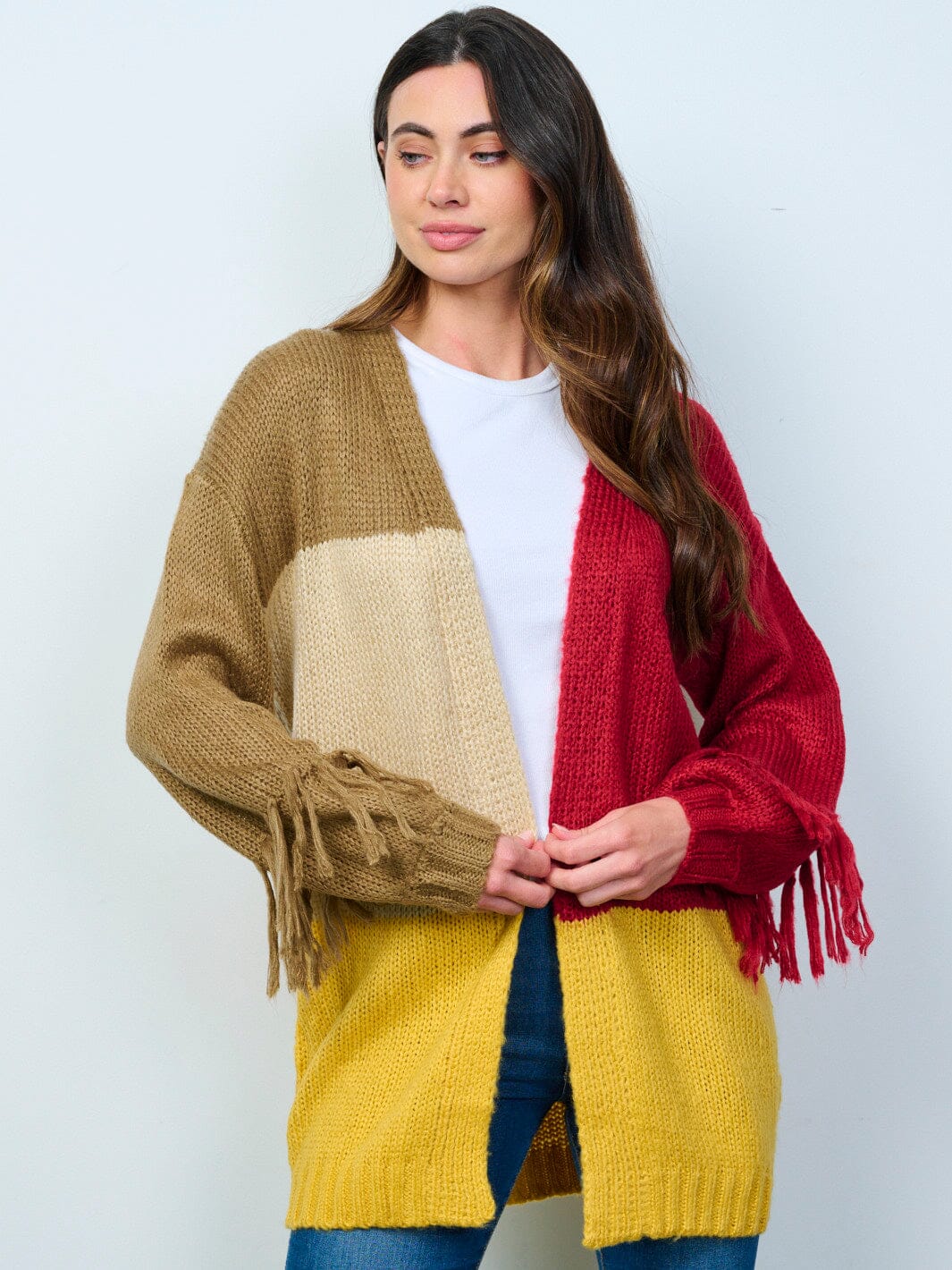 WOMEN'S LONG SLEEVES OPEN FRONT COLORBLOCK CARDIGAN