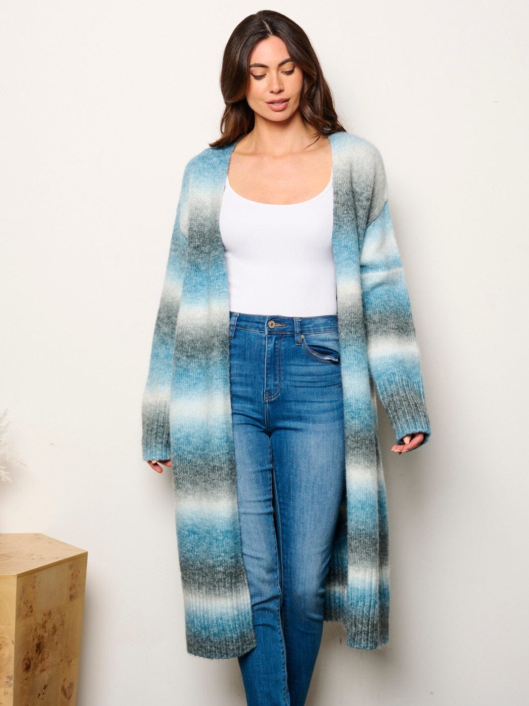 WOMEN'S LONG SLEEVE OPEN FRONT MULTI STRIPES CARDIGAN