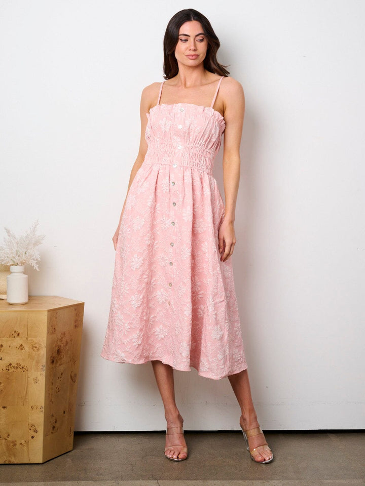 WOMEN'S SLEEVELESS SMOCK WAIST FLORAL DETAILED MIDI DRESS