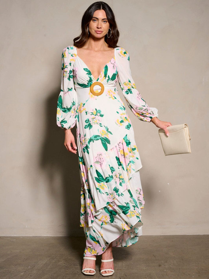 WOMEN'S LONG SLEEVE V-NECK BACK DETAILED RUFFLE FLORAL MAXI DRESS