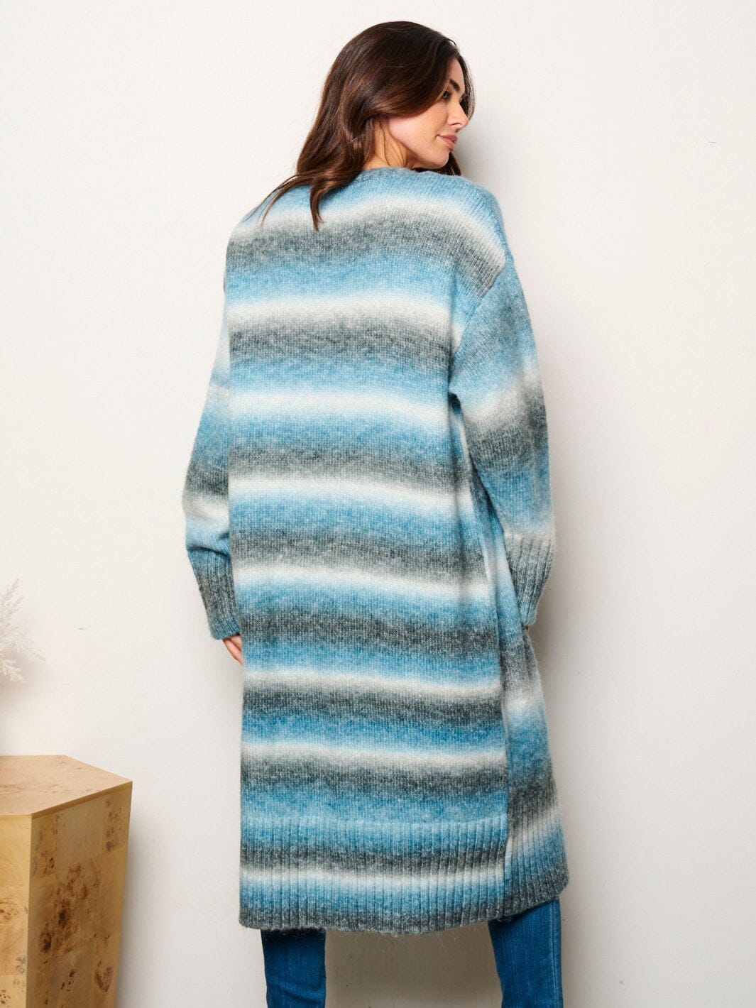 WOMEN'S LONG SLEEVE OPEN FRONT MULTI STRIPES CARDIGAN