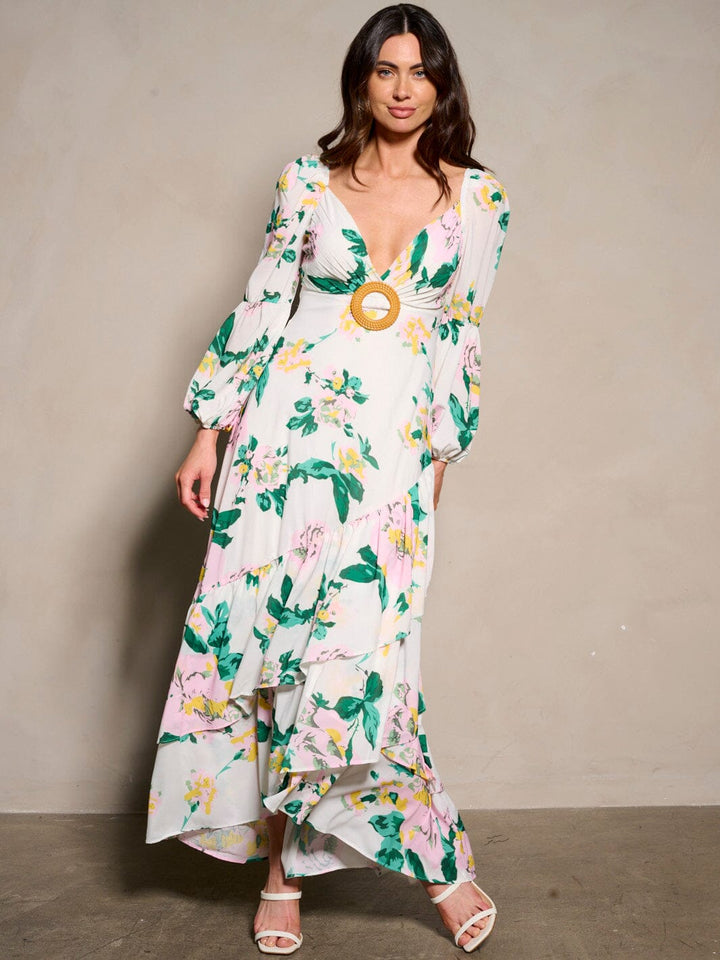 WOMEN'S LONG SLEEVE V-NECK BACK DETAILED RUFFLE FLORAL MAXI DRESS