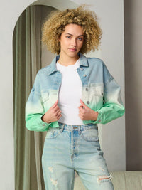 WOMEN'S LONG SLEEVE BUTTON CLOSURE COLORBLOCK DENIM CROP JACKET
