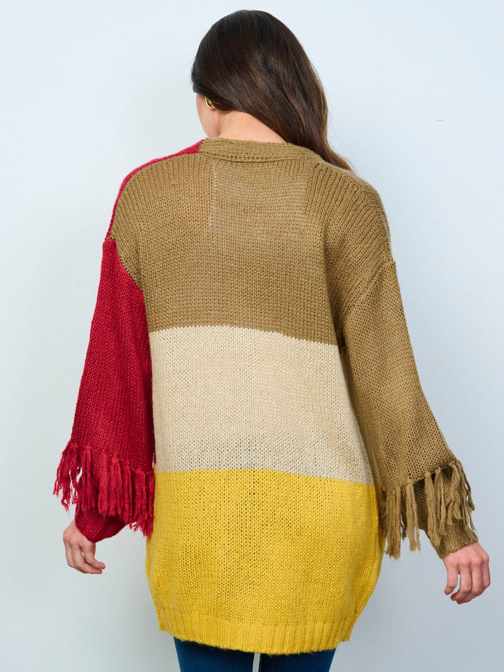 WOMEN'S LONG SLEEVES OPEN FRONT COLORBLOCK CARDIGAN