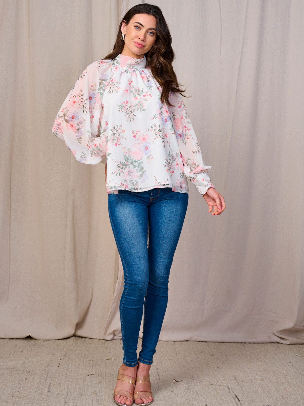 WOMEN'S LONG SLEEVE MOCK NECK FLORAL BLOUSE