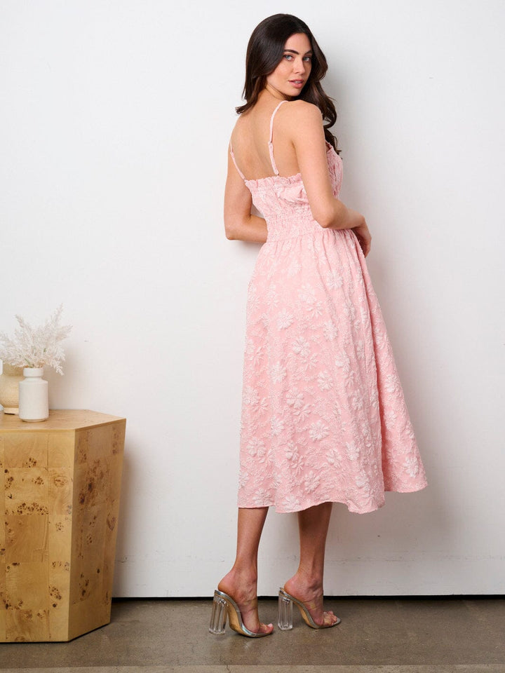 WOMEN'S SLEEVELESS SMOCK WAIST FLORAL DETAILED MIDI DRESS