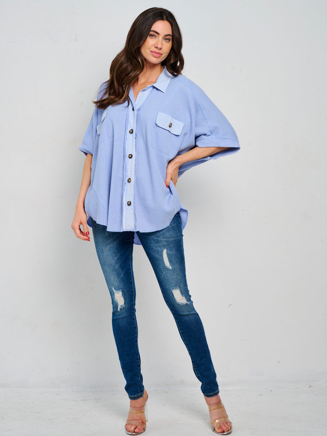 WOMEN'S SHORT SLEEVE BUTTON UP FRONT POCKETS TUNIC TOP