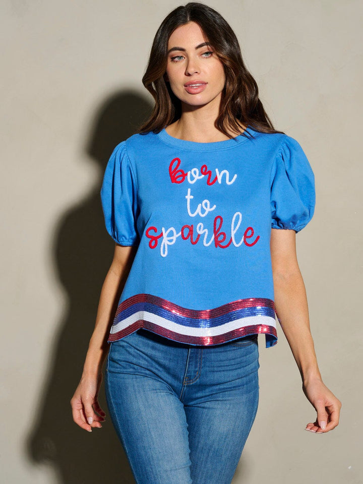 WOMEN'S SHORT SLEEVE SEQUINS BORN TO SPARKLE PATRIOTIC TUNIC BLOUSE TOP