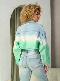 WOMEN'S LONG SLEEVE BUTTON CLOSURE COLORBLOCK DENIM CROP JACKET