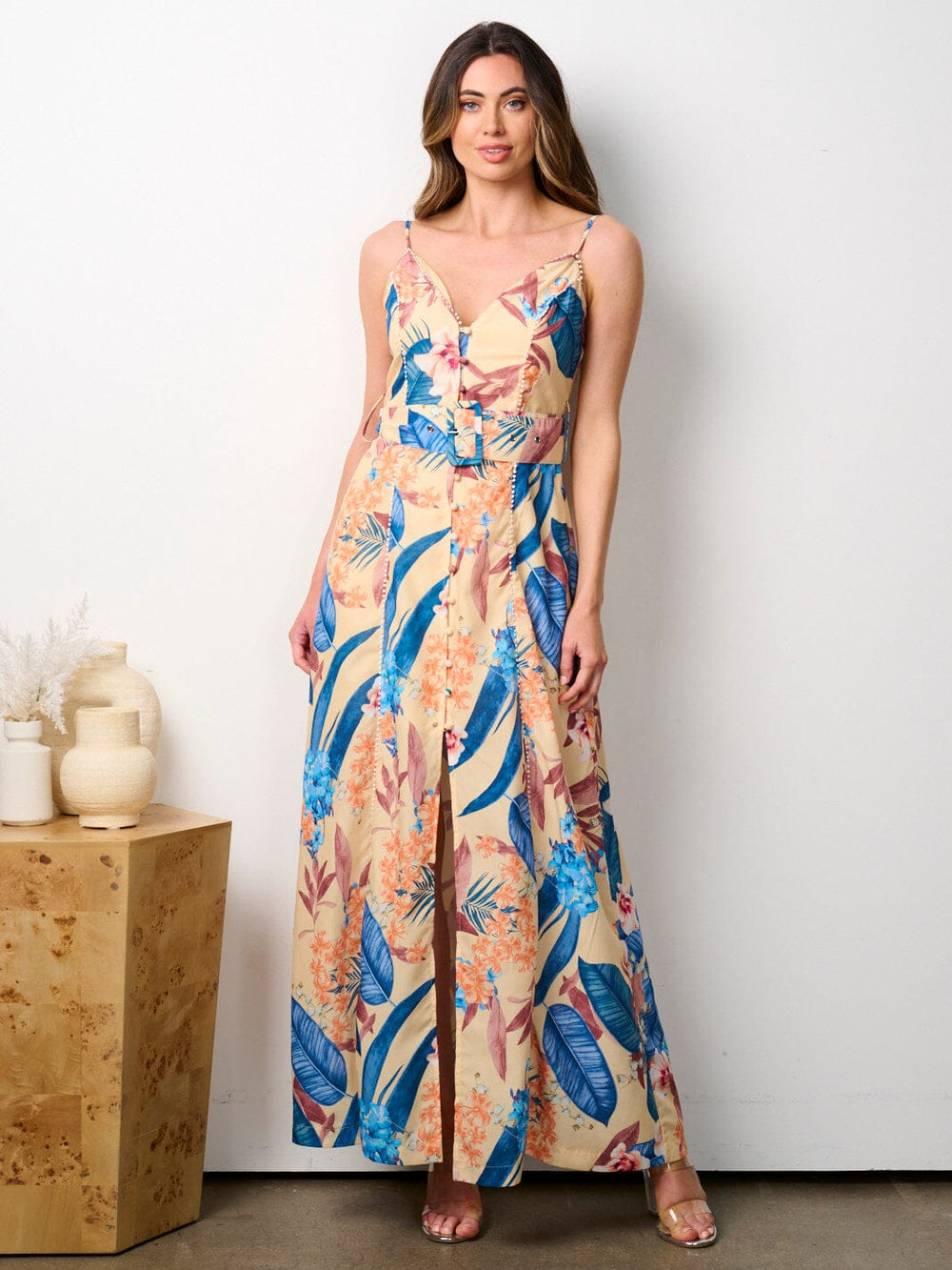 WOMEN'S SLEEVELESS V-NECK PRINTED SELF TIE MAXI DRESS
