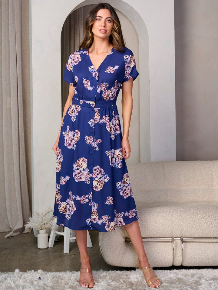 WOMEN'S SHORT SLEEVE BUTTON UP FLORAL MIDI DRESS