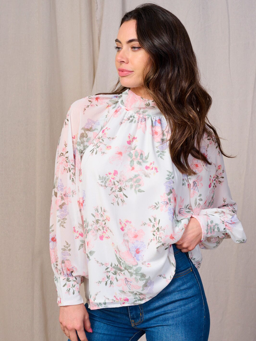 WOMEN'S LONG SLEEVE MOCK NECK FLORAL BLOUSE