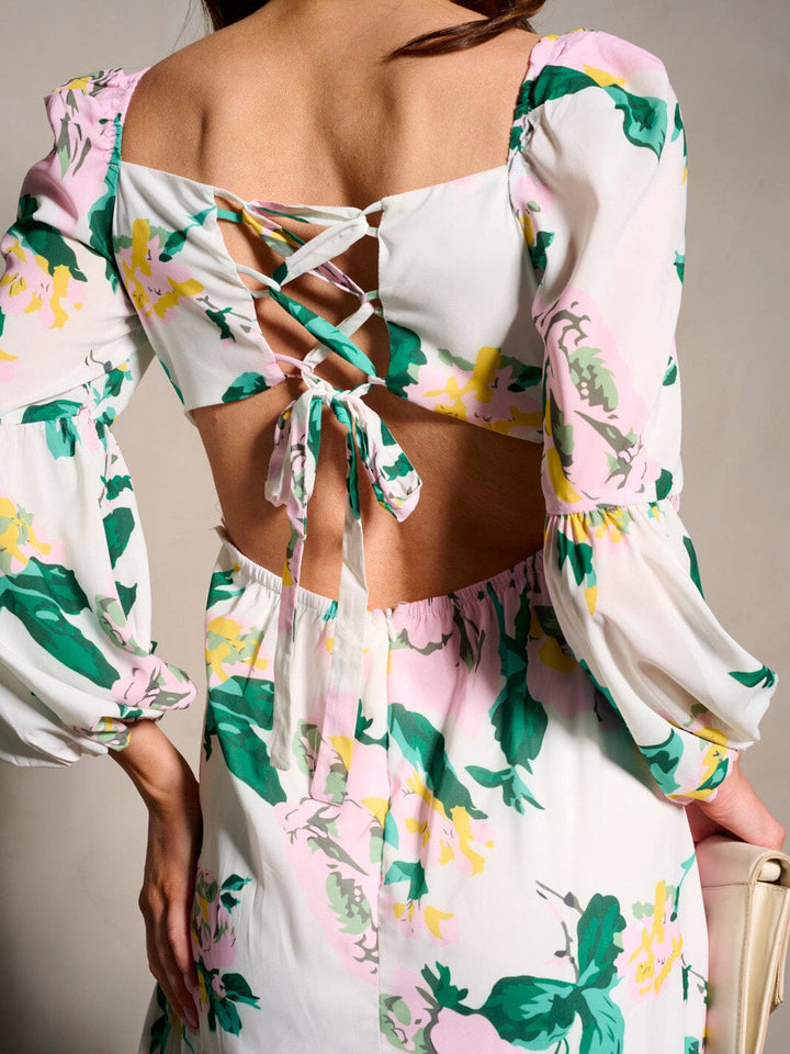 WOMEN'S LONG SLEEVE V-NECK BACK DETAILED RUFFLE FLORAL MAXI DRESS