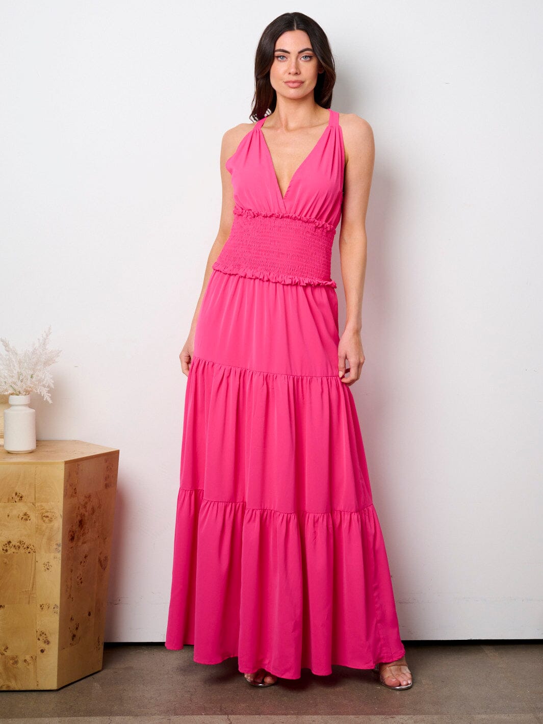 WOMEN'S SLEEVELESS HALTER NECK SMOCK TIERED MAXI DRESS