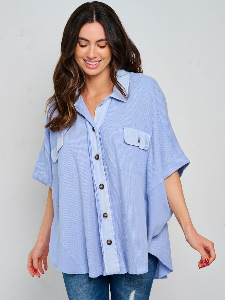 WOMEN'S SHORT SLEEVE BUTTON UP FRONT POCKETS TUNIC TOP