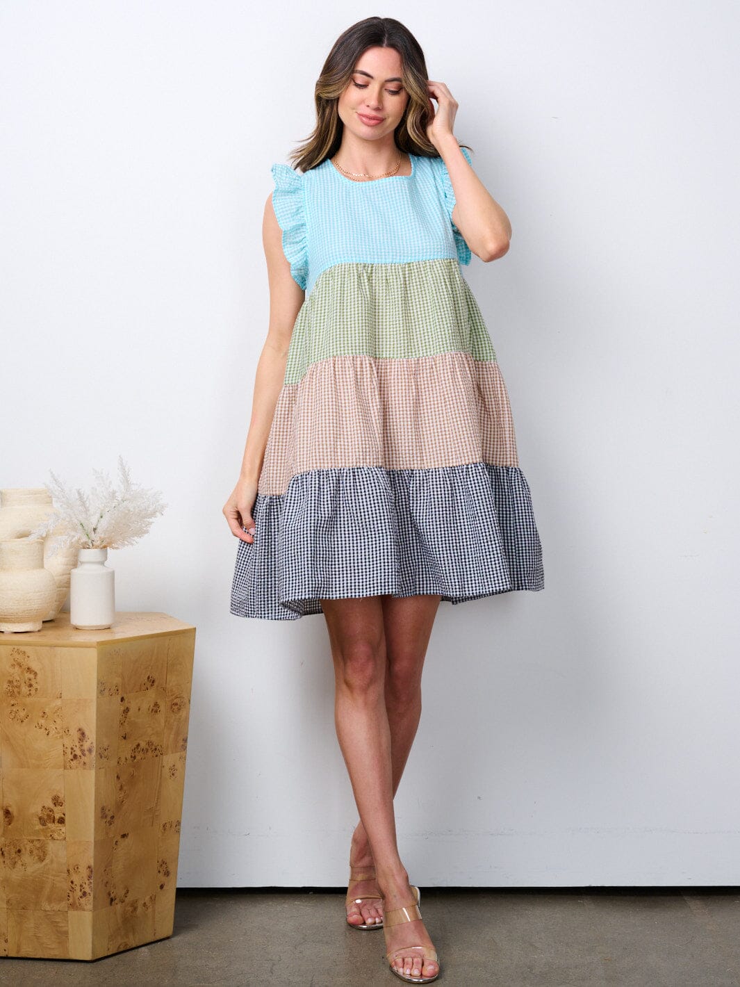 Plaid Vintage Sleeveless Ruffled Asymmetric Mini Dresses main image 1