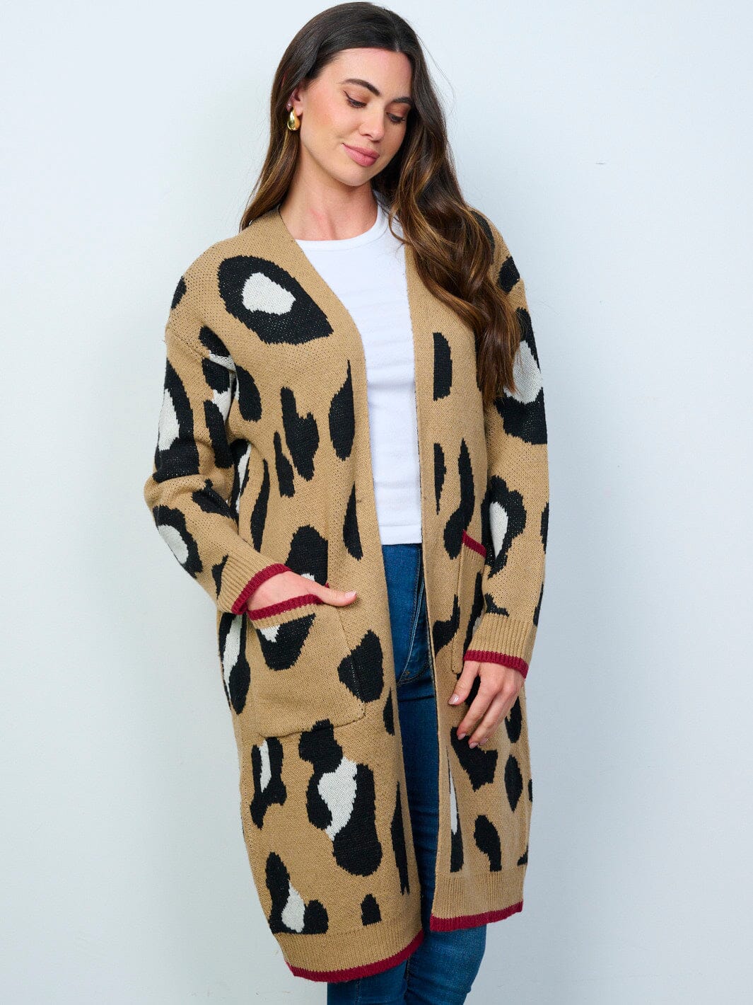 WOMEN'S LONG SLEEVES OPEN FRONT POCKETS ANIMAL PRINT CARDIGAN