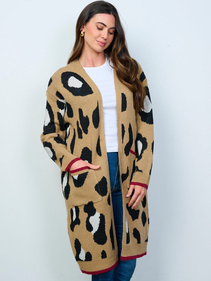 WOMEN'S LONG SLEEVES OPEN FRONT POCKETS ANIMAL PRINT CARDIGAN