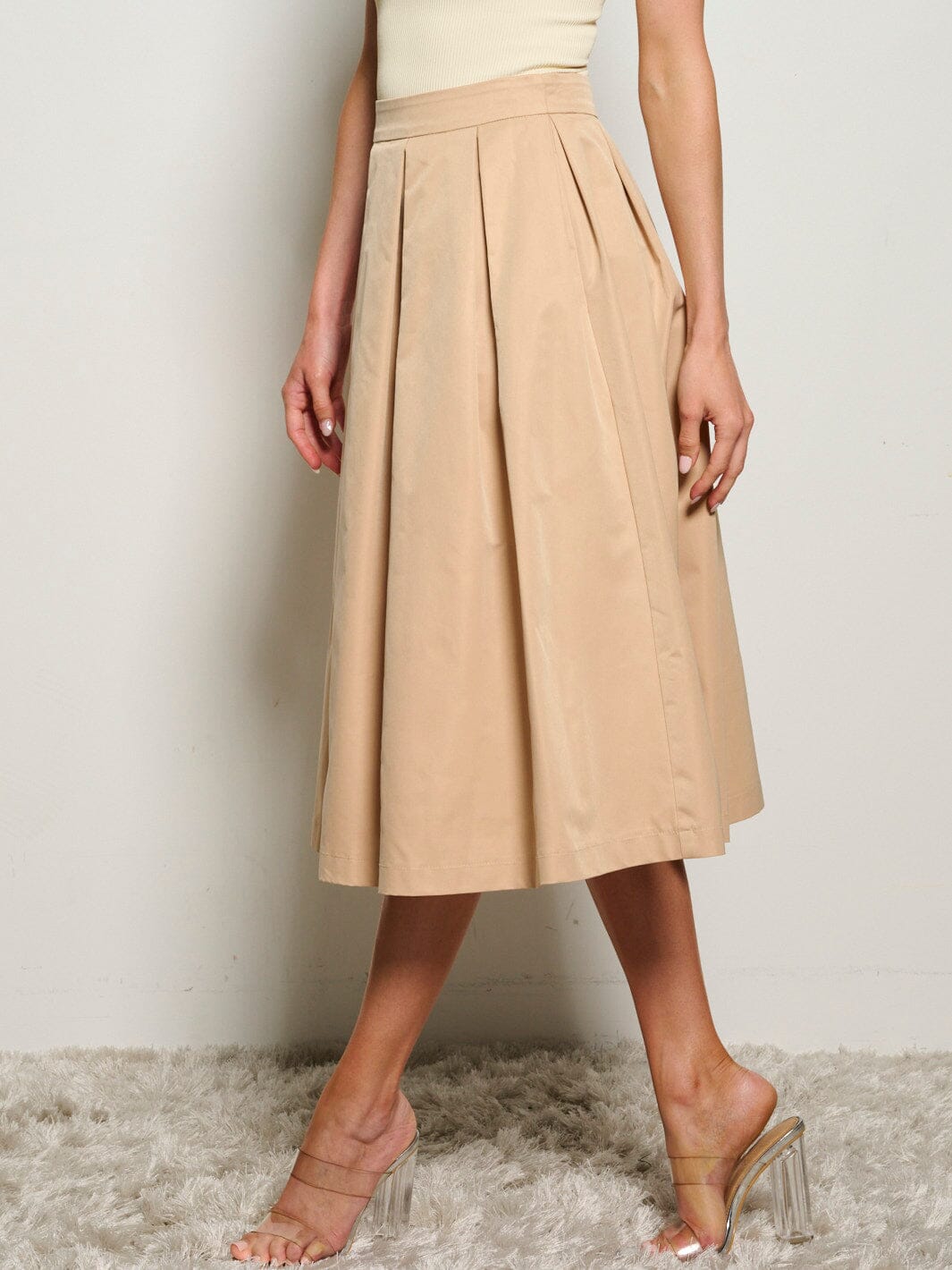 WOMEN'S ZIP UP FRONT POCKET PLEATED MIDI SKIRT