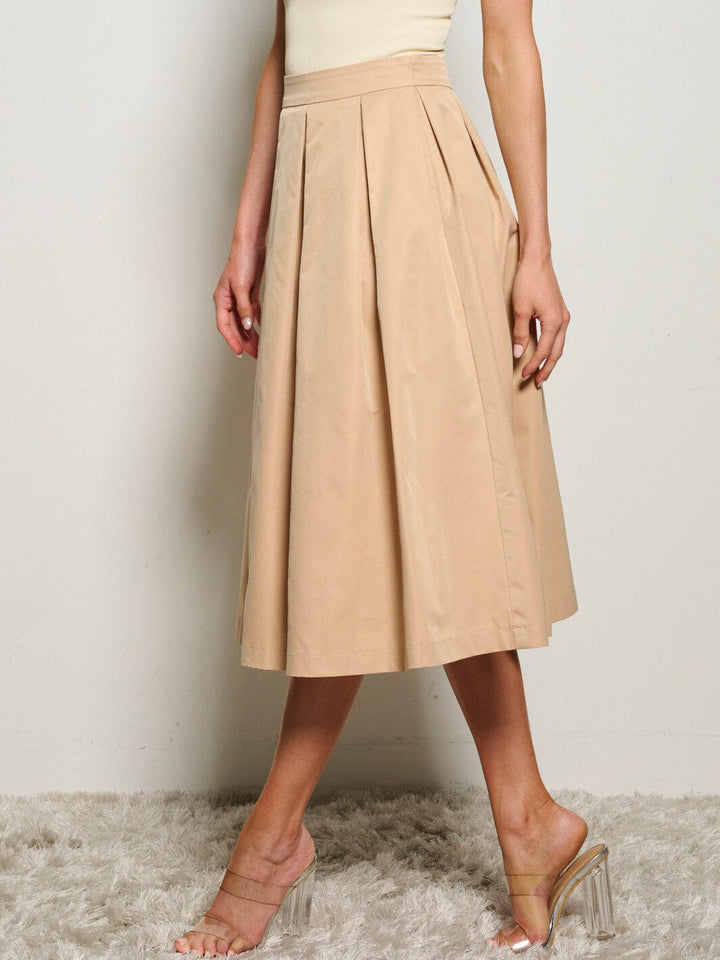 WOMEN'S ZIP UP FRONT POCKET PLEATED MIDI SKIRT