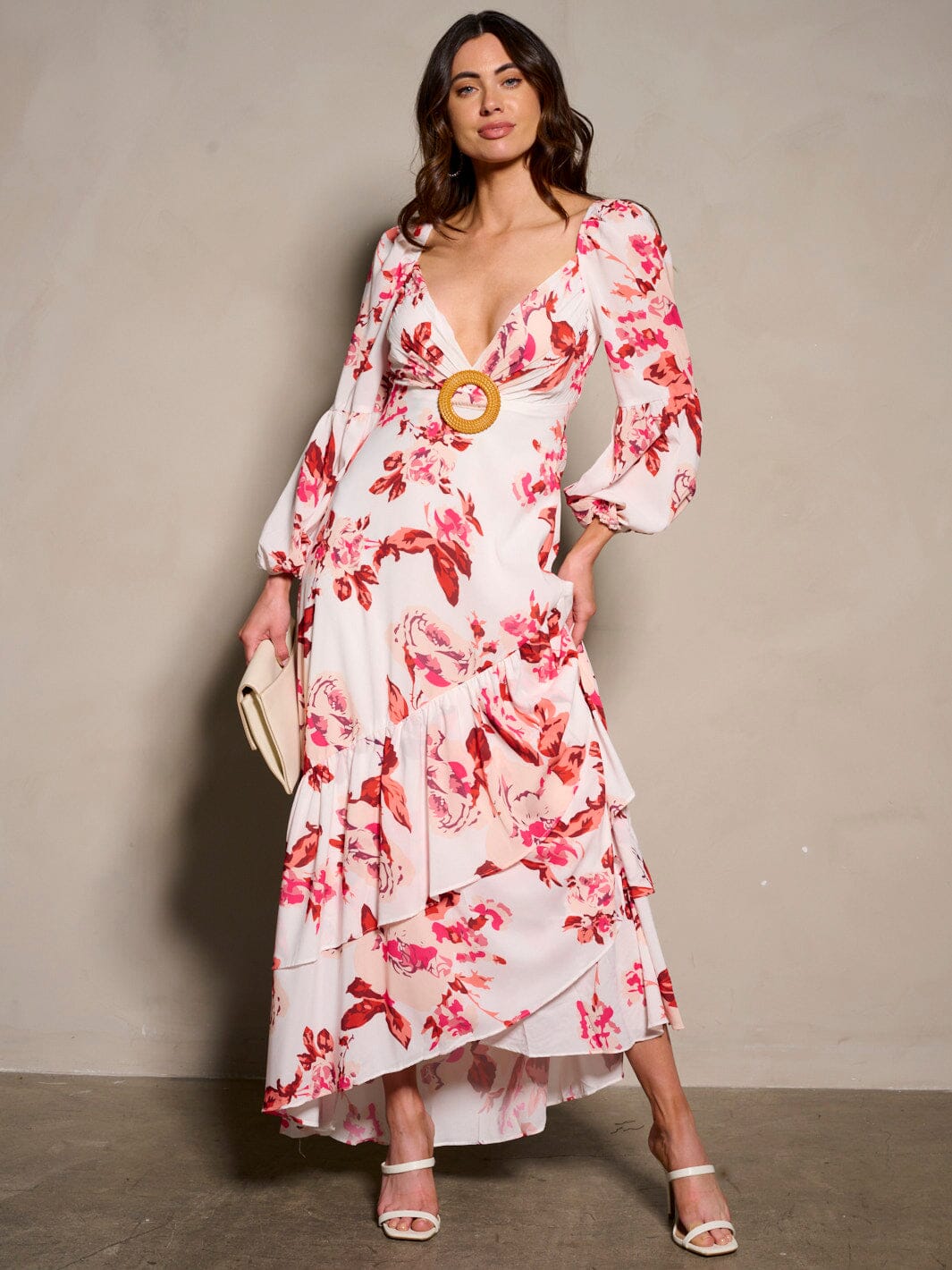 WOMEN'S LONG SLEEVE V-NECK BACK DETAILED RUFFLE FLORAL MAXI DRESS