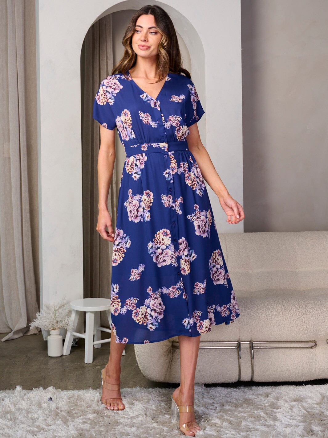 WOMEN'S SHORT SLEEVE BUTTON UP FLORAL MIDI DRESS