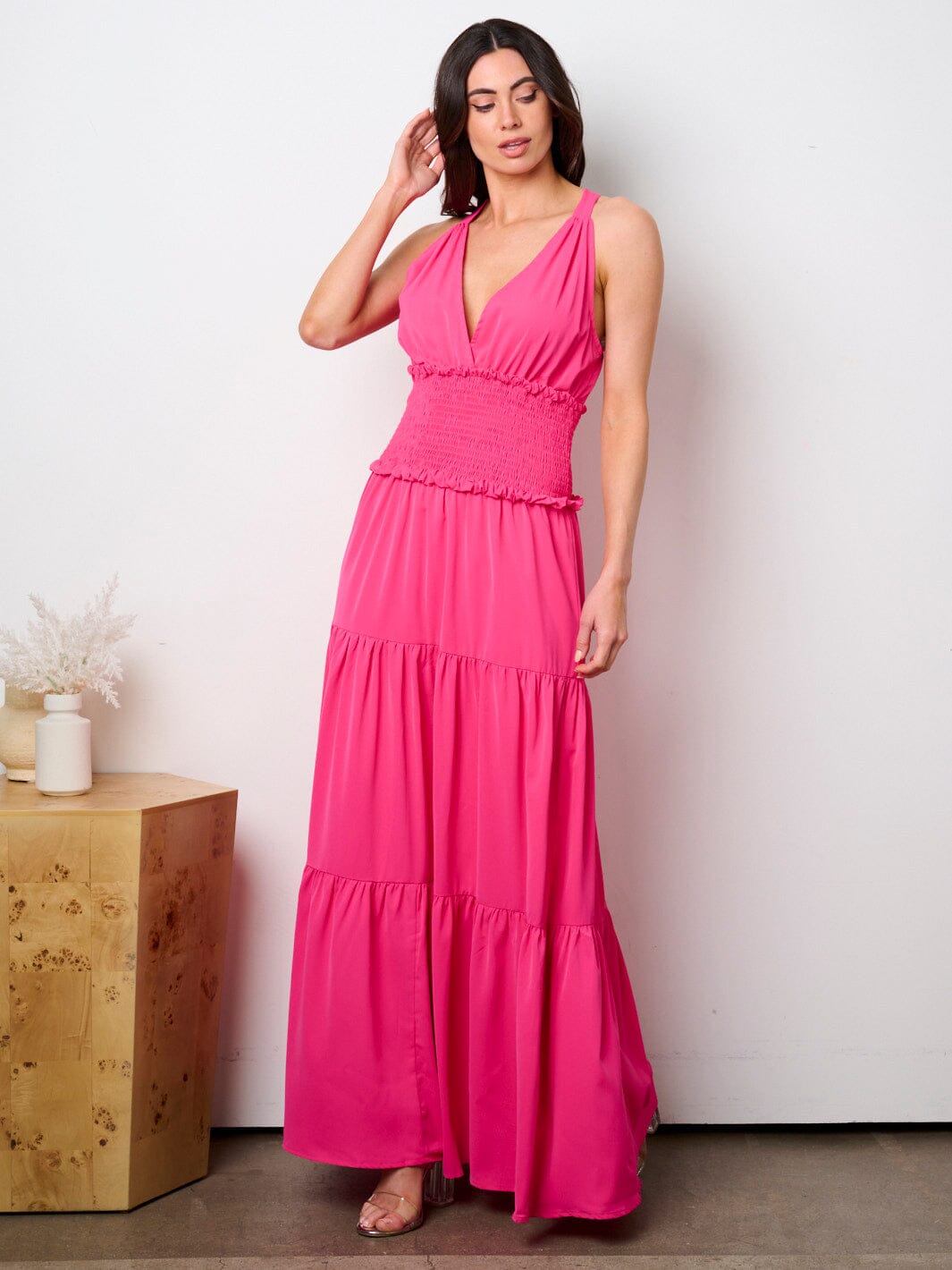 WOMEN'S SLEEVELESS HALTER NECK SMOCK TIERED MAXI DRESS