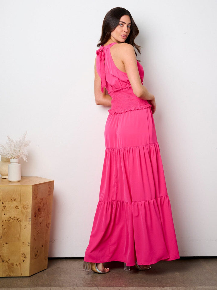 WOMEN'S SLEEVELESS HALTER NECK SMOCK TIERED MAXI DRESS