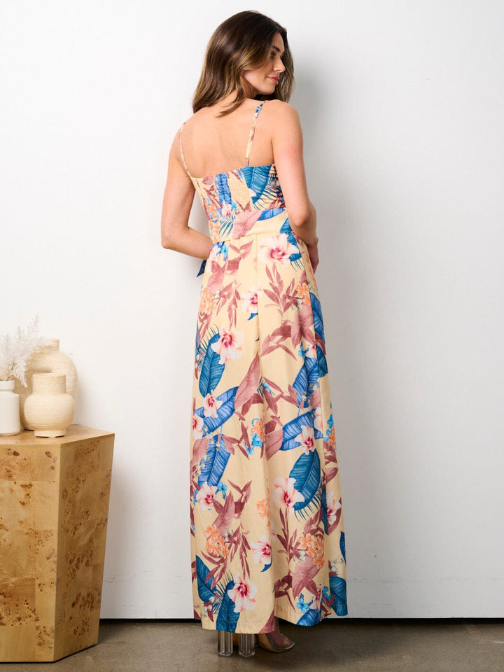 WOMEN'S SLEEVELESS V-NECK PRINTED SELF TIE MAXI DRESS